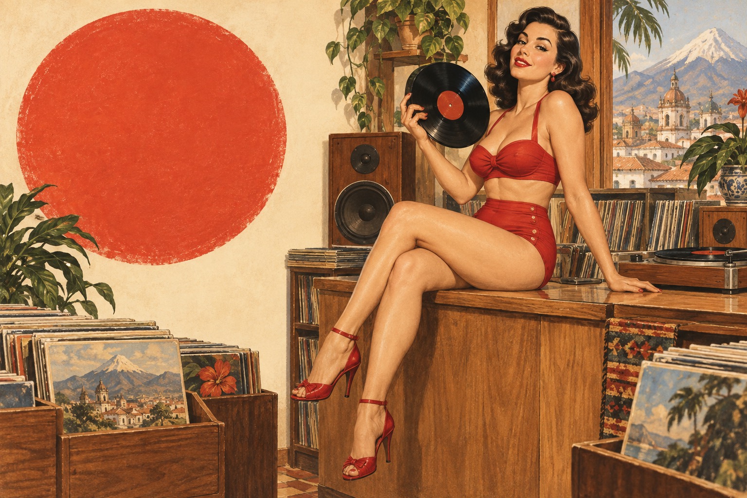 Ilustración pin-up vintage de una mujer adulta con un disco de vinilo en una tienda de música.